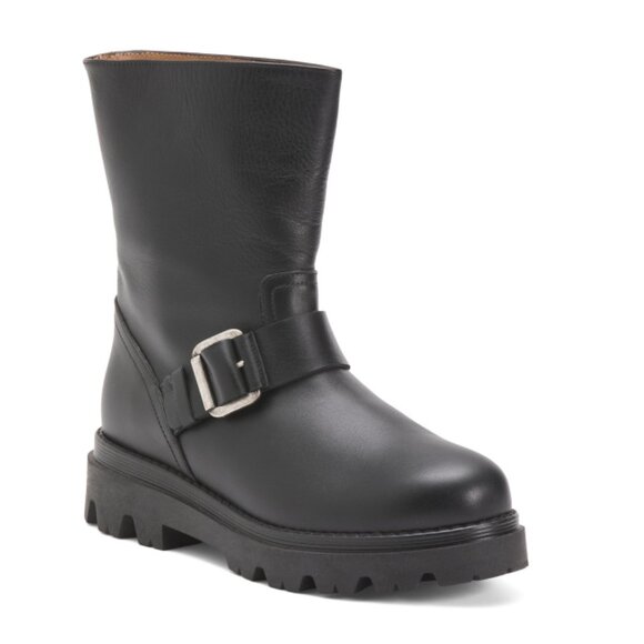 FLATTERED Black Leather Anine Flat Buckle Boots - Picture 1 of 2